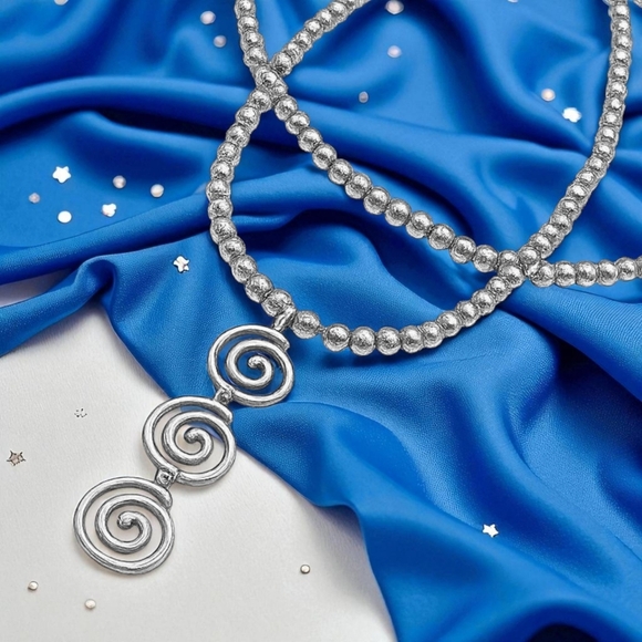 🆕️Boho Glam Spiral Pendant Layered Beaded Necklace Set Trendy White Gold Plated - Picture 11 of 13